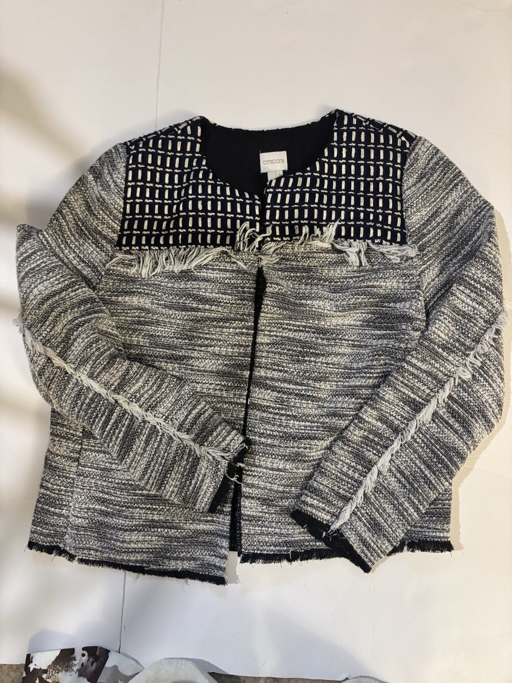 Chico's Women Sz 1 Multicolor Textured Fringe Boho Pieced Detail Jacket